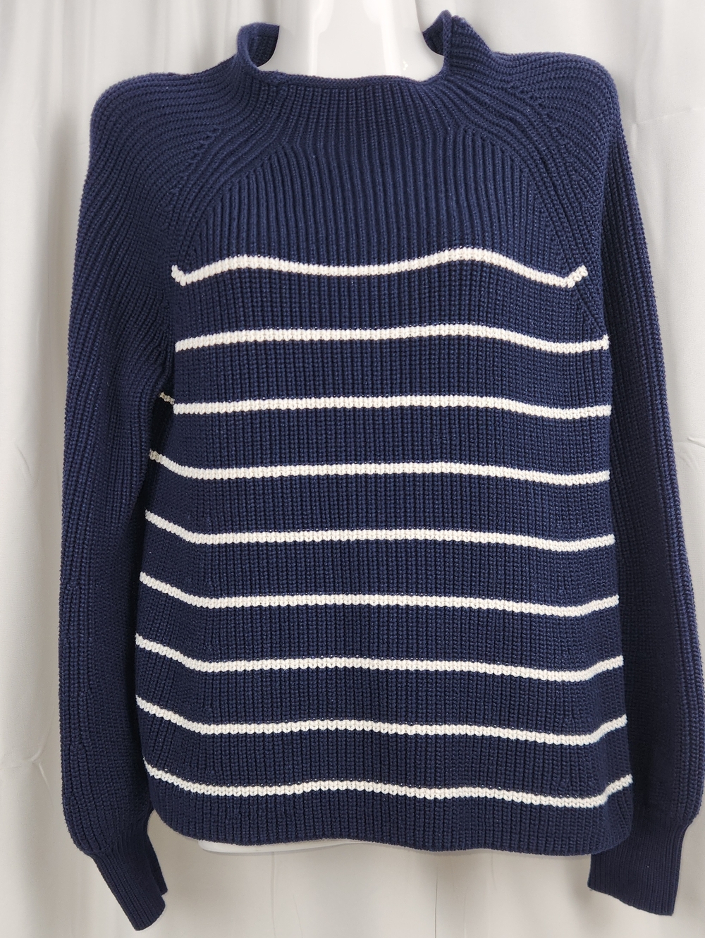 Lilla P Navy and White Striped Rib-Knit Crew Sweater